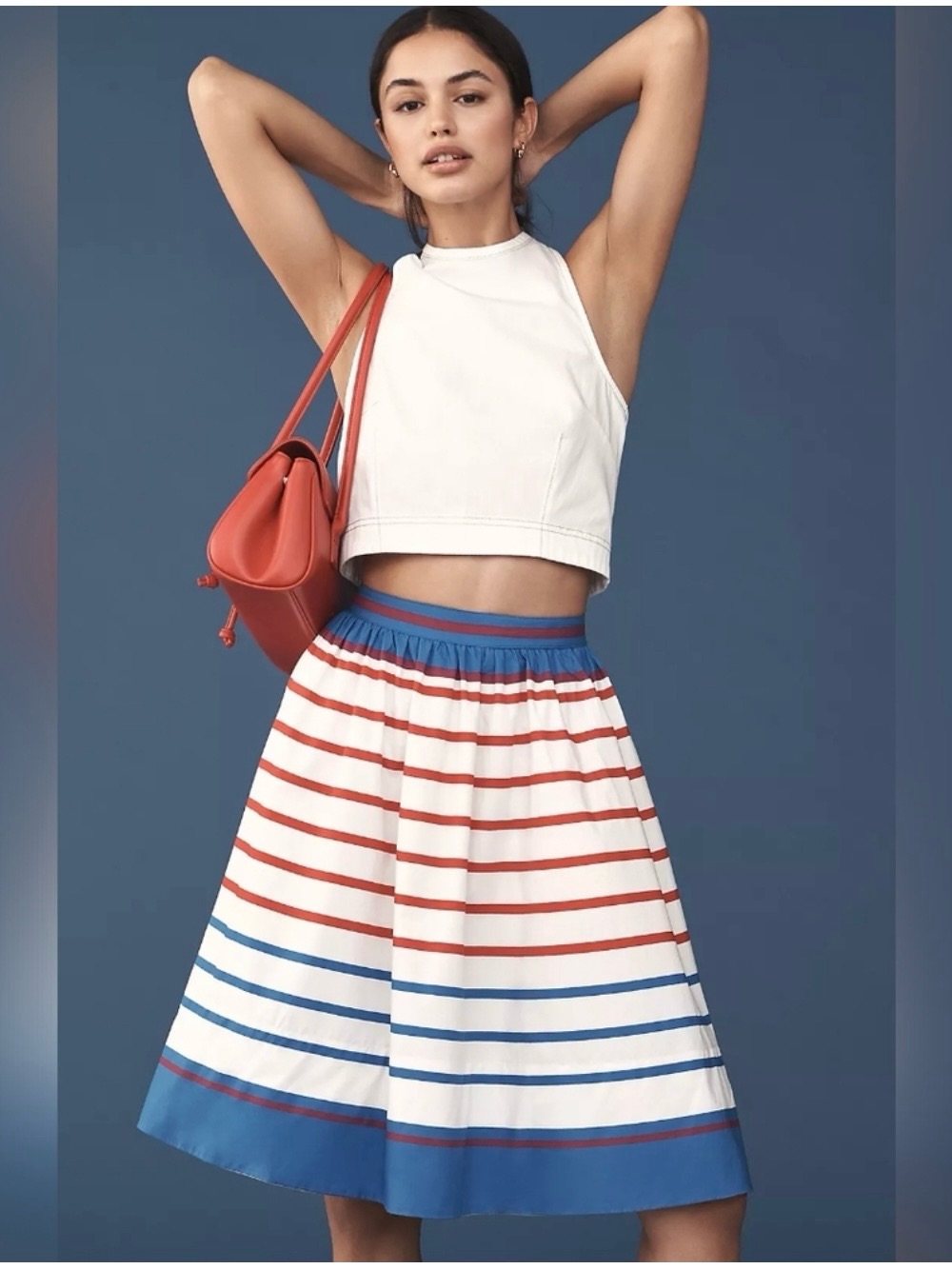 Striped A-Line Midi Skirt In White With Red & Blue Stripes
